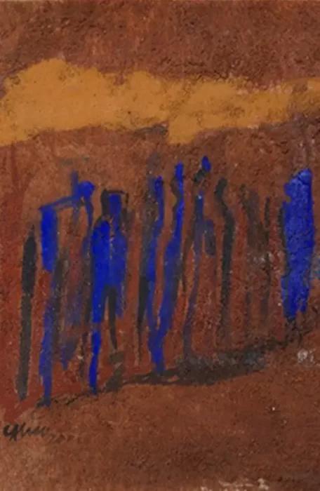 Peinture de silhouettes de couleur indigo sur fond marron