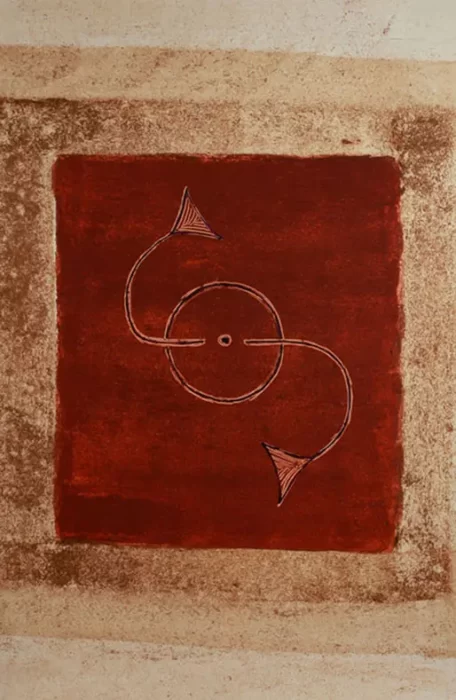 Peinture d'un cercle sur fond marron de l'artiste Béninois Romuald Hazoumè